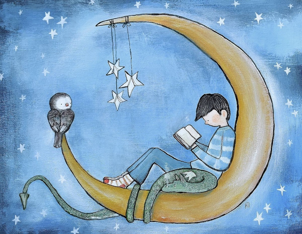 Boy Reading On Moon